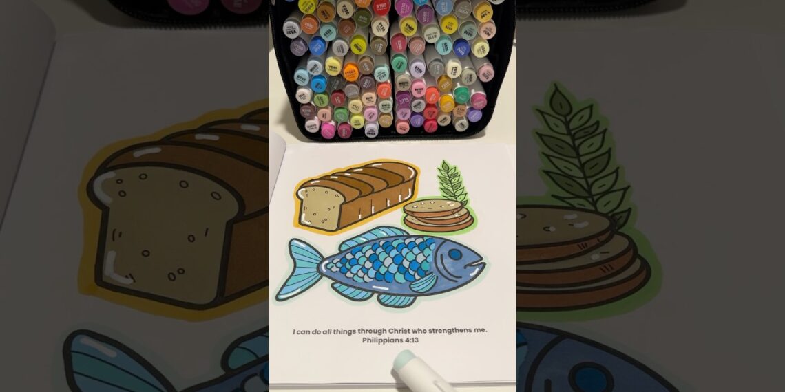 Christian Coloring Book ASMR Loaves & fish 🎣🍞 #coloringasmr #biblestudy